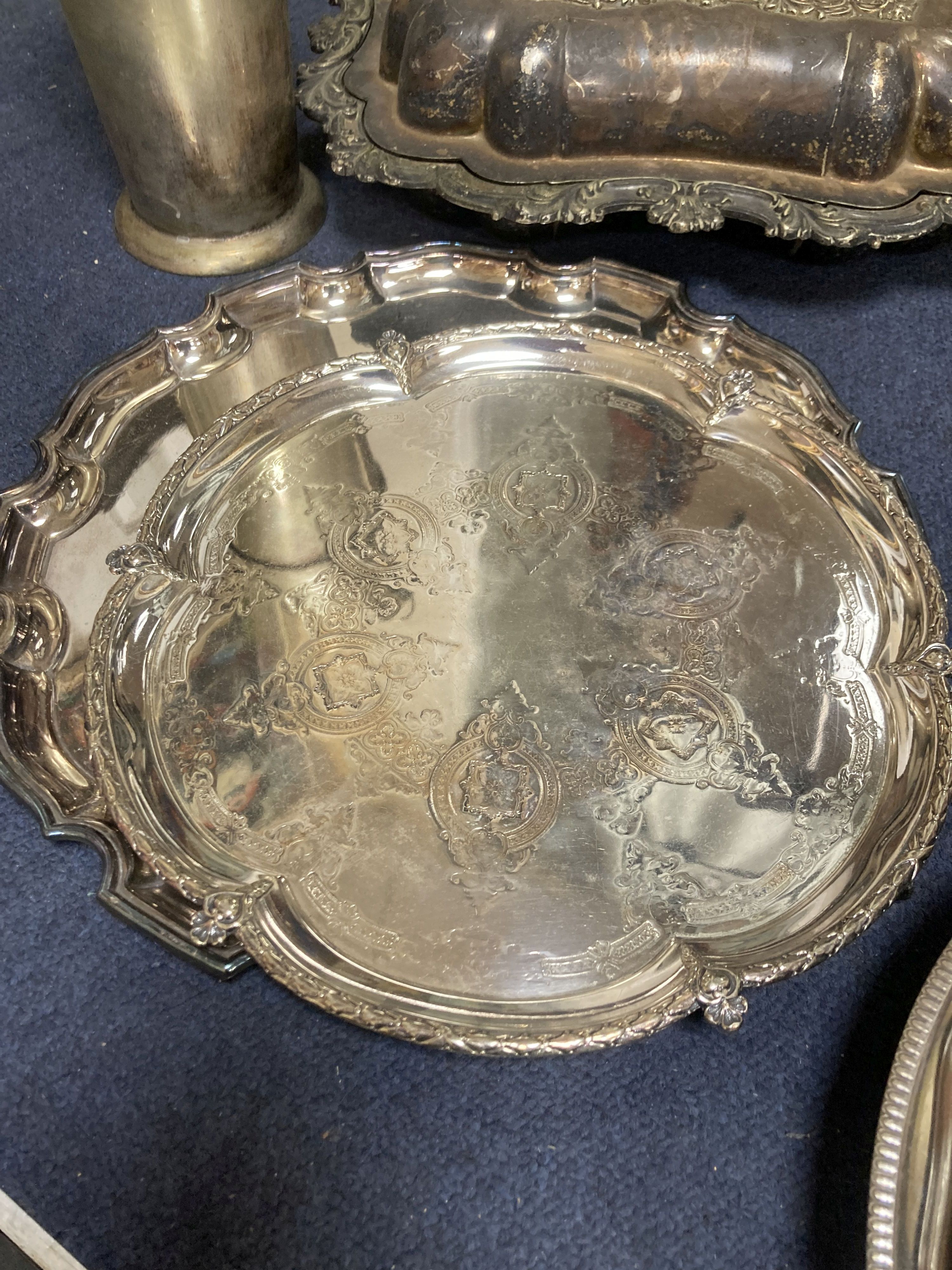 A collection of plated wares including tureen and cover, salvers, flasks, etc.